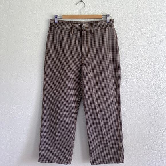 Uniqlo U Checked Straight Pant High-Waist Cropped Trousers Brown Blue Womens 6 - Picture 1 of 12